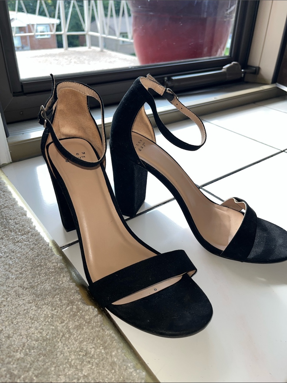 A New Day Black High Block Heel Ankle Strap suede Sandals